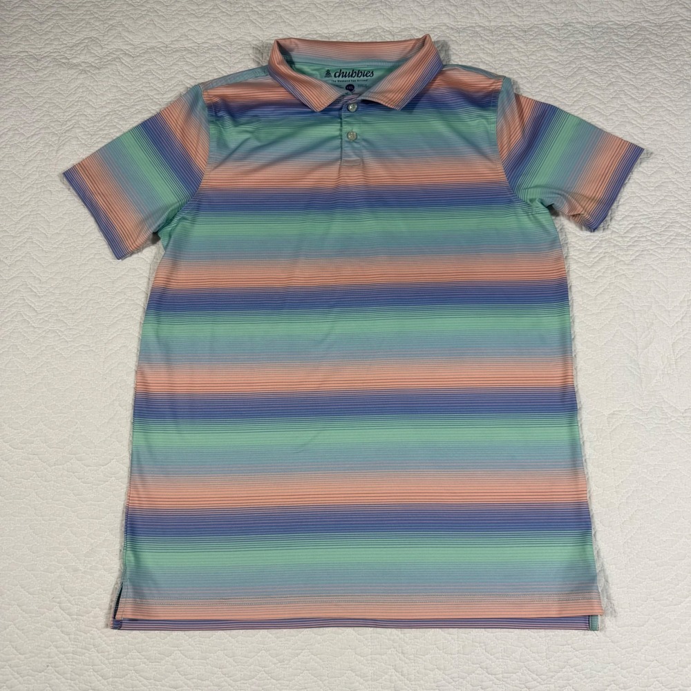 Chubbies Polo Shirt Youth YXL Multi Color Sunset Stripe Performance Stretch EUC - Picture 3 of 9